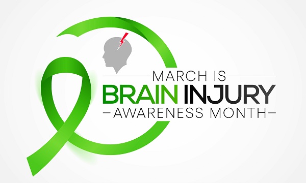 "March is Brain Injury Awareness Month" graphic featuring a green ribbon and small grayscale illustration of a human head with a red lightning bolt poking it. 