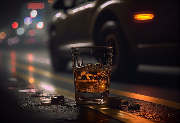 A drunk driving concept showing a glass of liquor in the middle of a slick road at night with an SUV in the background.