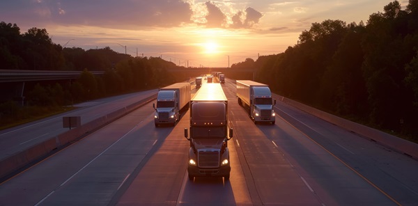 three semi trucks drive down the road during sunset.