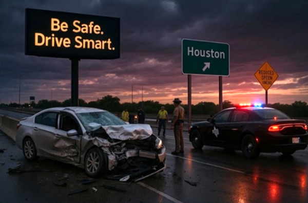 Wrecked car on a wet highway at dusk with police officers and a patrol vehicle nearby, beneath an overhead sign reading “Be Safe. Drive Smart.” near a Houston road sign.